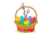 Colorful Eggs, Brench of Willow in Wicker Basket