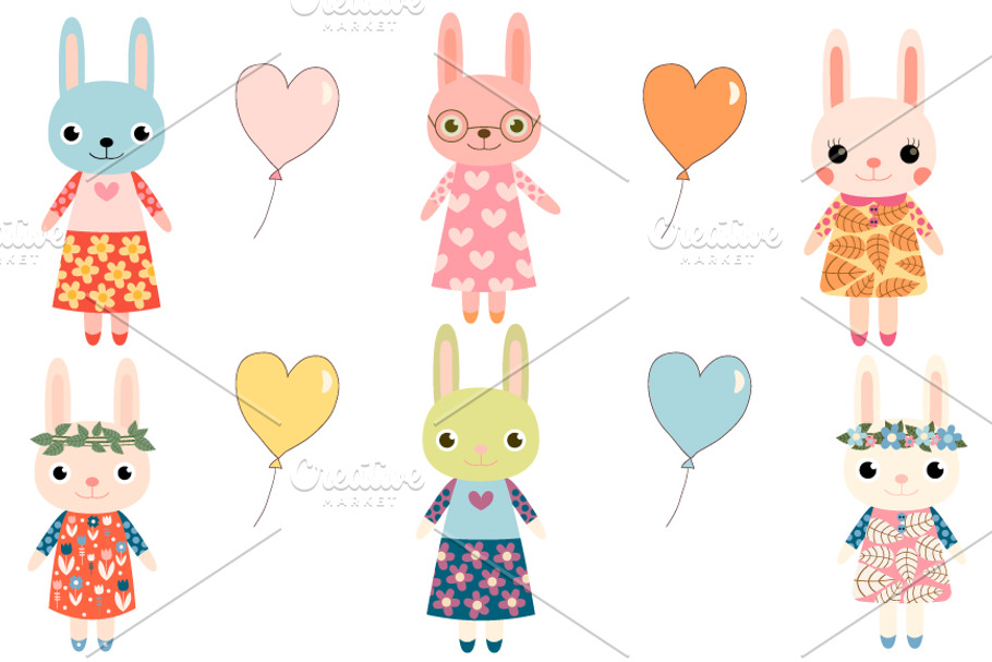 Cute colorful bunnies clipart set
