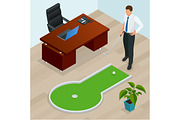 Businessman playing mini golf in his office. Perfect for products such as t-shirts, pillows, album covers, websites, flyers, posters or any design