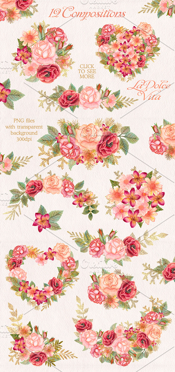 Watercolor wedding glitter flowers in Illustrations - product preview 1
