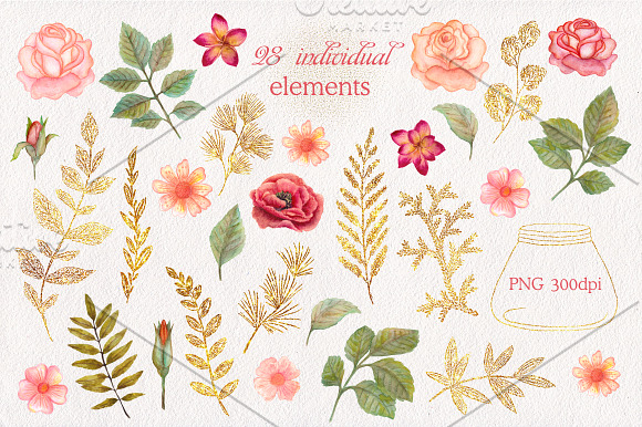 Watercolor wedding glitter flowers in Illustrations - product preview 10