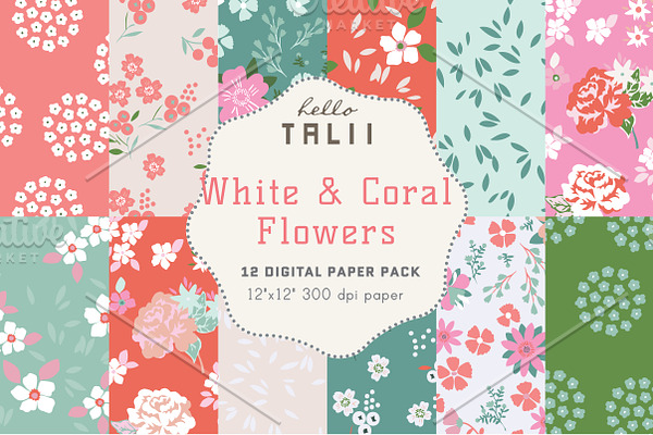 Coral Flowers Digital Paper