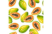 Seamless pettern with papaya isolated on white background. Illustration of tropical plant