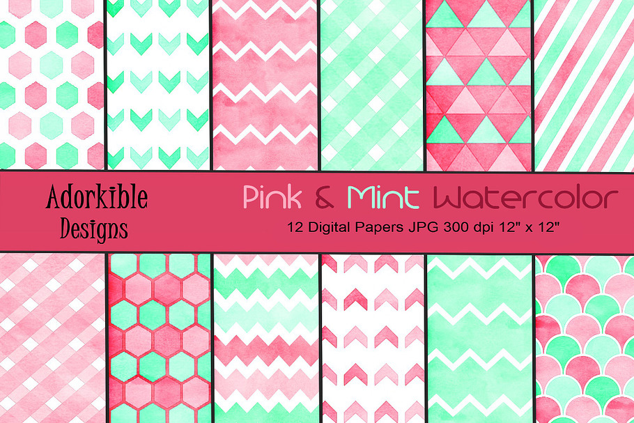 Pink & Mint Watercolor Digital Paper in Patterns - product preview 8