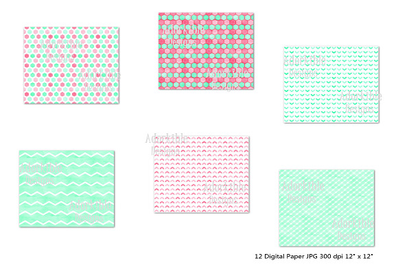 Pink & Mint Watercolor Digital Paper in Patterns - product preview 1