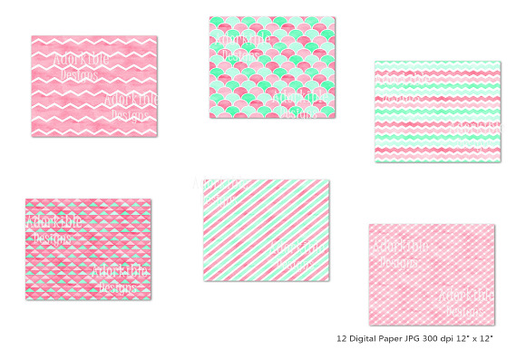 Pink & Mint Watercolor Digital Paper in Patterns - product preview 2