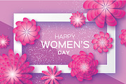 Magenta Paper Cut Flower. 8 March. Origami Women's Day. Rectangle Frame. Space for text