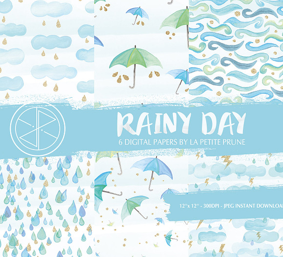 Watercolor Rainy day digital papers in Patterns - product preview 1
