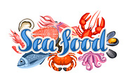 Background with various seafood. Illustration of fish, shellfish and crustaceans