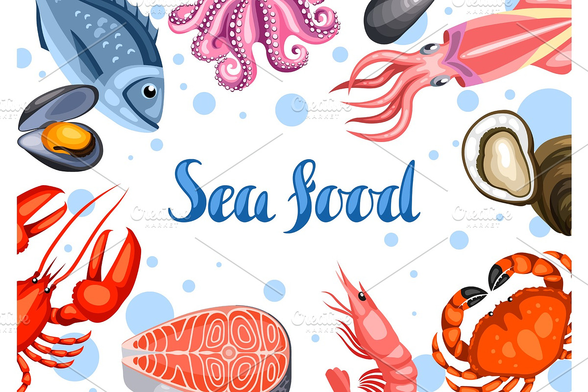 Background with various seafood. Illustration of fish, shellfish and crustaceans in Illustrations - product preview 8