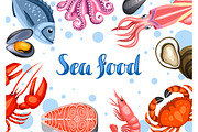 Background with various seafood. Illustration of fish, shellfish and crustaceans