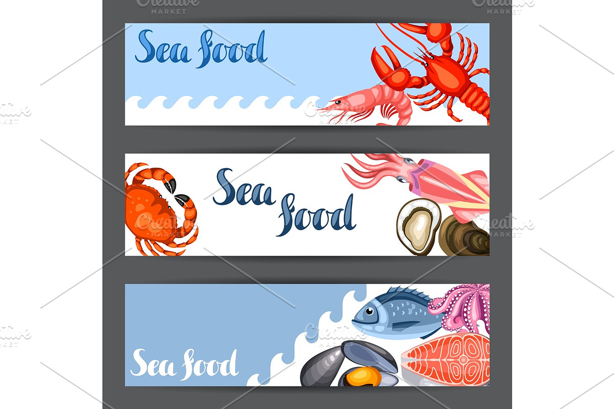 Banners with various seafood. Illustration of fish, shellfish and crustaceans in Illustrations - product preview 8
