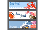 Banners with various seafood. Illustration of fish, shellfish and crustaceans
