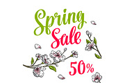 Sakura blossom. Cherry branch with flowers, bud. Spring Sale lettering.