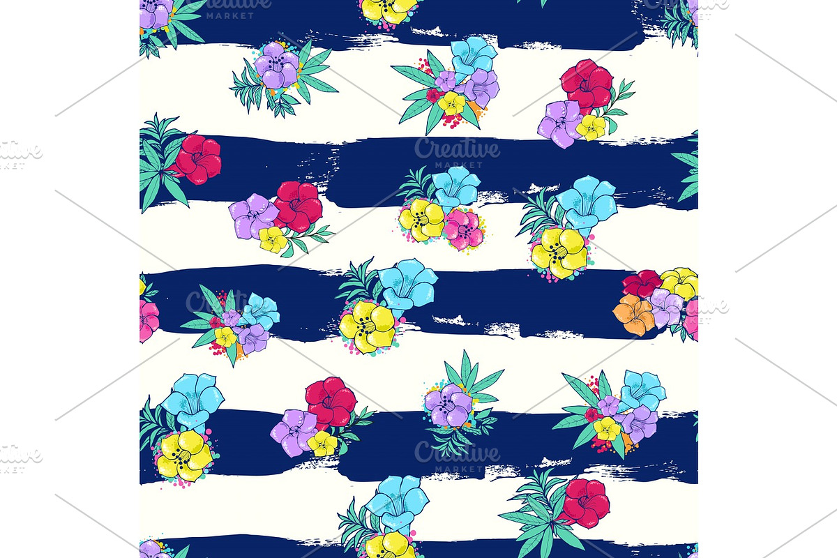 Exotic colorful flowers on a white-blue background with stripes in Illustrations - product preview 8
