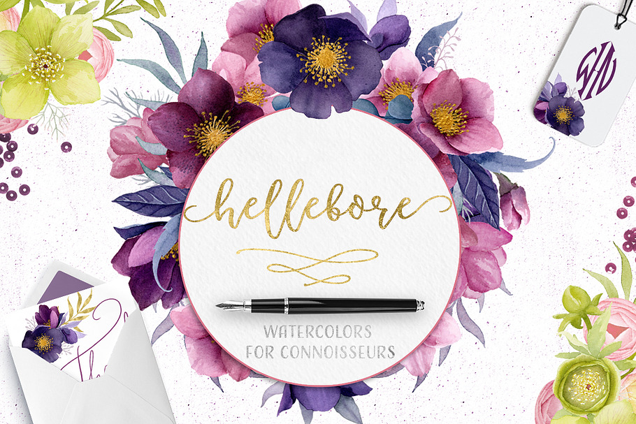 Hellebore Flowers Watercolor Set