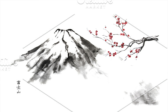 Fuji and Sakura Sumi-e in Illustrations - product preview 1