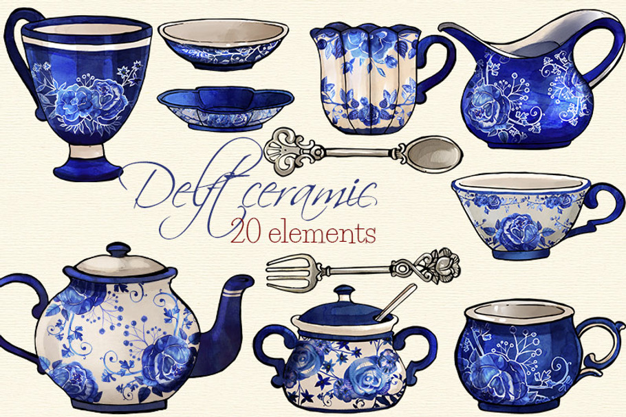 Delft Ceramic Watercolor Clip Arts in Illustrations - product preview 8