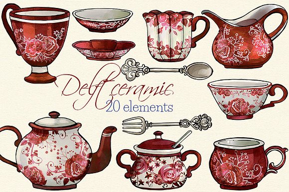 Delft Ceramic Watercolor Clip Arts in Illustrations - product preview 1