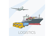 Logistics sign with plane, truck, container and ship