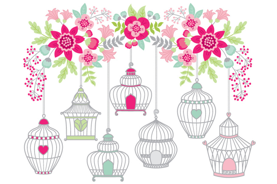 Vector Bird Cages and Floral Clipart