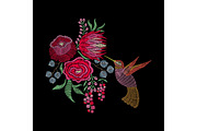 Fashion embroidery patch with hummingbird, spring flowers, roses