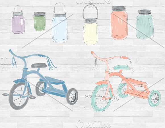 Watercolor Mason Jars & Tricycles in Illustrations - product preview 1