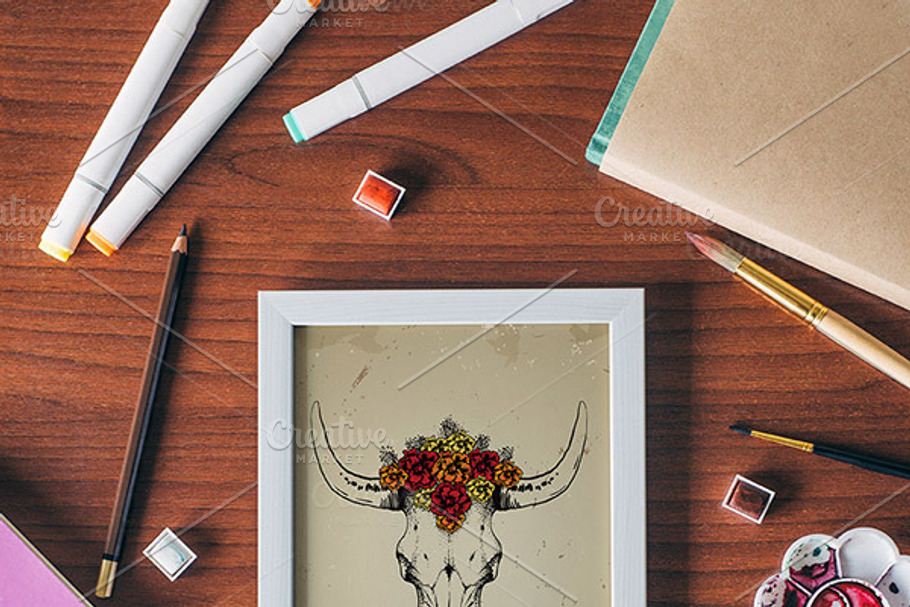  boho old cow skull with flowers in Illustrations - product preview 8