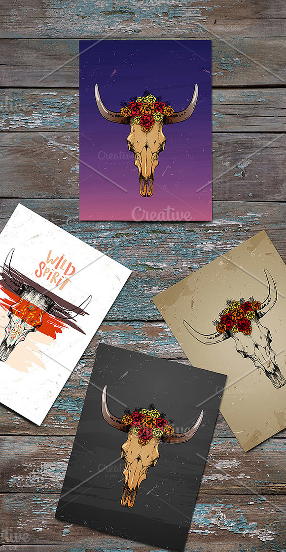  boho old cow skull with flowers in Illustrations - product preview 1