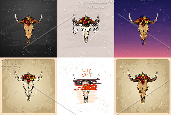  boho old cow skull with flowers in Illustrations - product preview 2
