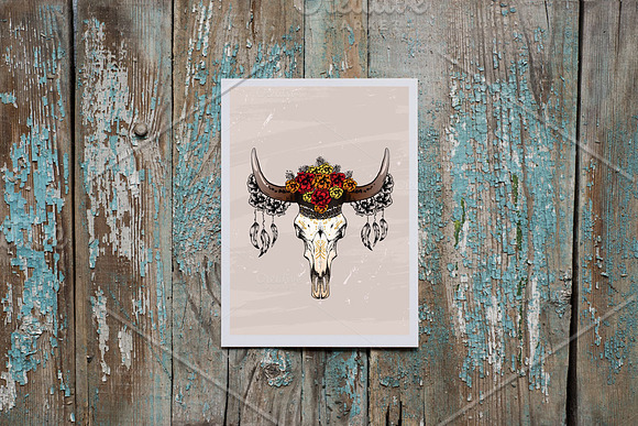  boho old cow skull with flowers in Illustrations - product preview 3