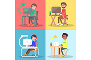 People at The Table Working on Computer Vector Set