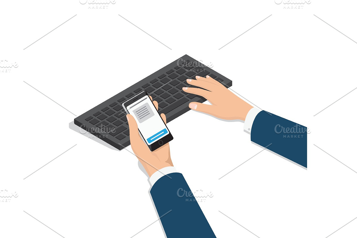 Man Typing on Computer with Phone in Hand Vector in Illustrations - product preview 8