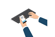Man Typing on Computer with Phone in Hand Vector