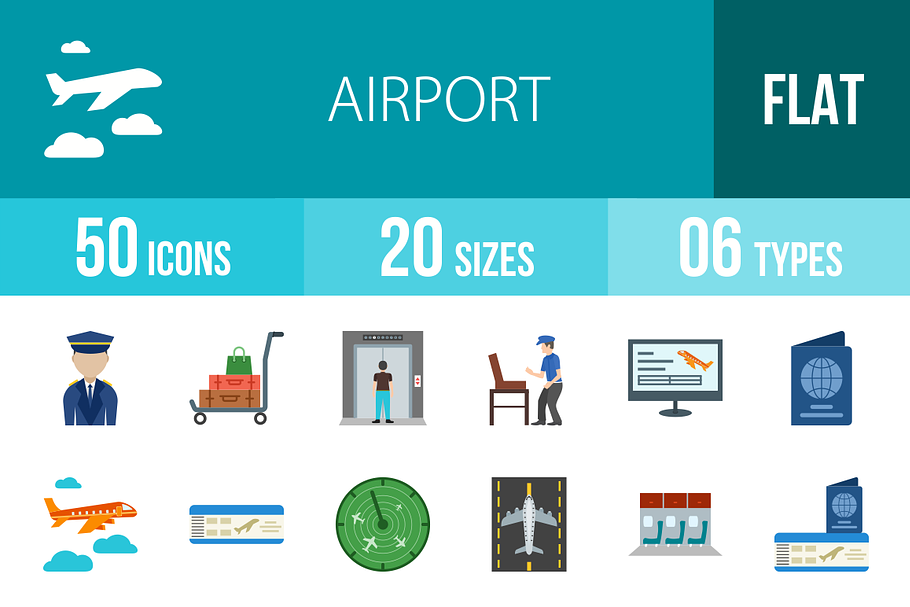 50 Airport Flat Multicolor Icons