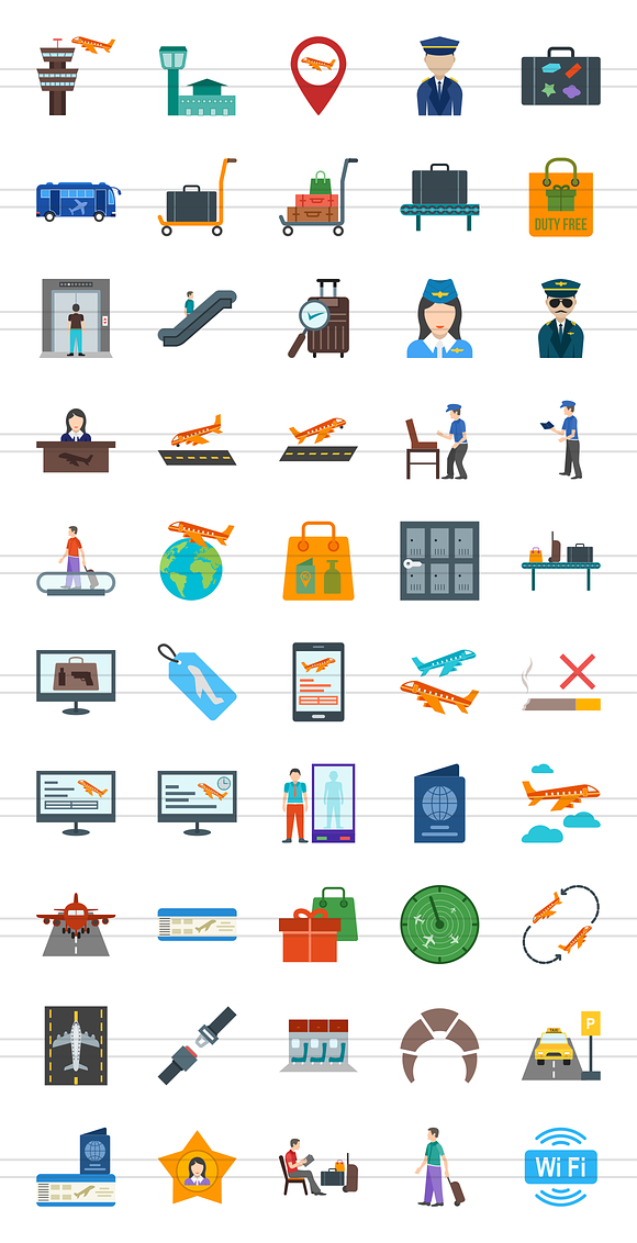 50 Airport Flat Multicolor Icons in Graphics - product preview 1