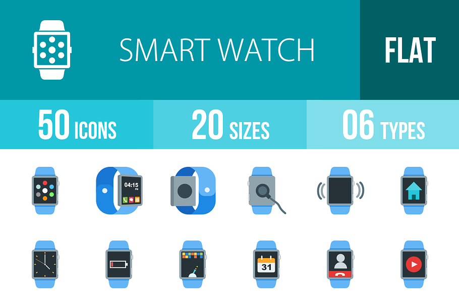 50 Smart Watch Flat Multicolor Icons