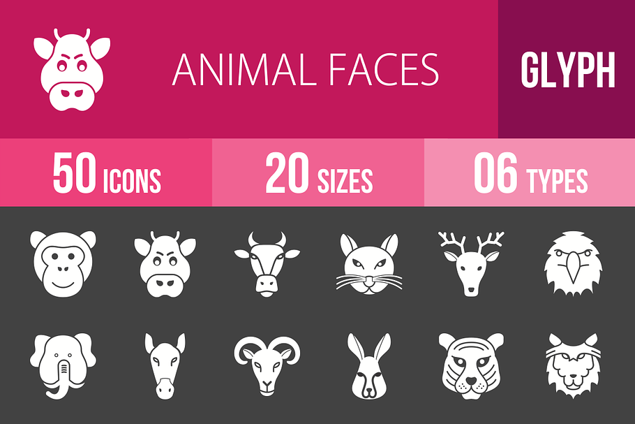 50 Animal Faces Glyph Inverted Icons
