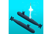 Nuclear submarine traveling underwater.Nuclear-powered submarines. Flat 3d isometric vector illustration for infographic. 