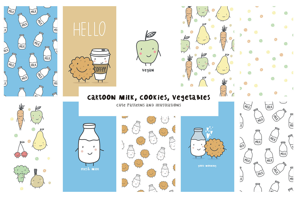 Cartoon milk, cookies, vegetables in Illustrations - product preview 8