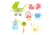 Kid items, baby care supply characters with human faces