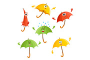 Cute, funny umbrella characters with human face showing different emotions