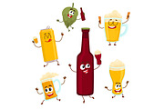 Smiling funny beer bottle, glass, can, mug hop characters, mascots