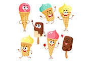 Funny ice cream characters, cones, popsicles with smiling human faces