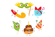 Cute and funny birthday item characters with smiling human faces