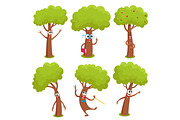 Set of funny comic tree characters showing various emotions