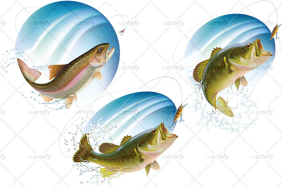 Jumping fish in water spray (3x) in Illustrations - product preview 8