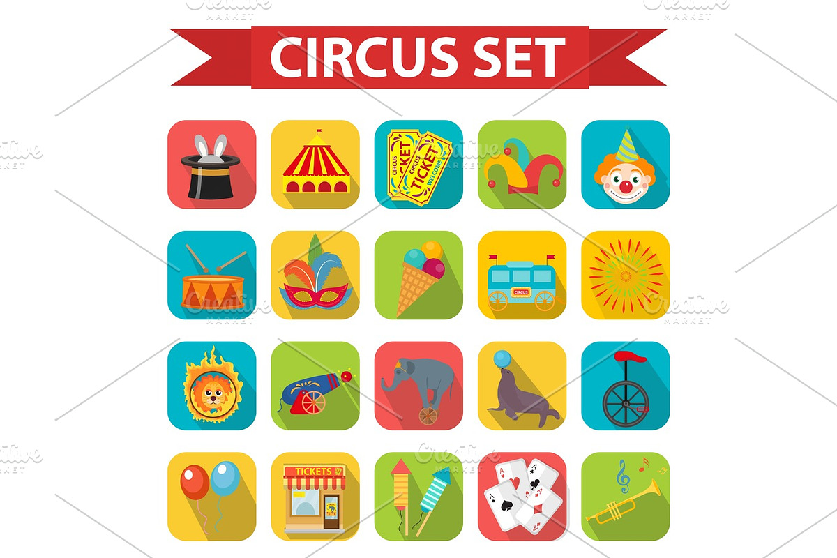 Circus icon set, flat, cartoon style. Set isolated on a white background with elephant, lion, Sealion, gun, clown, tickets. Design elements. Vector illustration, clip art. in Illustrations - product preview 8