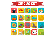 Circus icon set, flat, cartoon style. Set isolated on a white background with elephant, lion, Sealion, gun, clown, tickets. Design elements. Vector illustration, clip art.