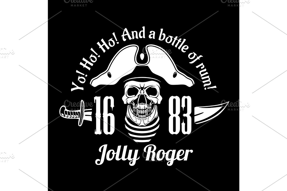 Pirates Jolly Roger symbol. Vector poster of skull with pirate eye patch, crossed bones and swords or sabers. Black flag for entertainment party decor, alcohol drink bar or pub emblem or sign in Illustrations - product preview 8